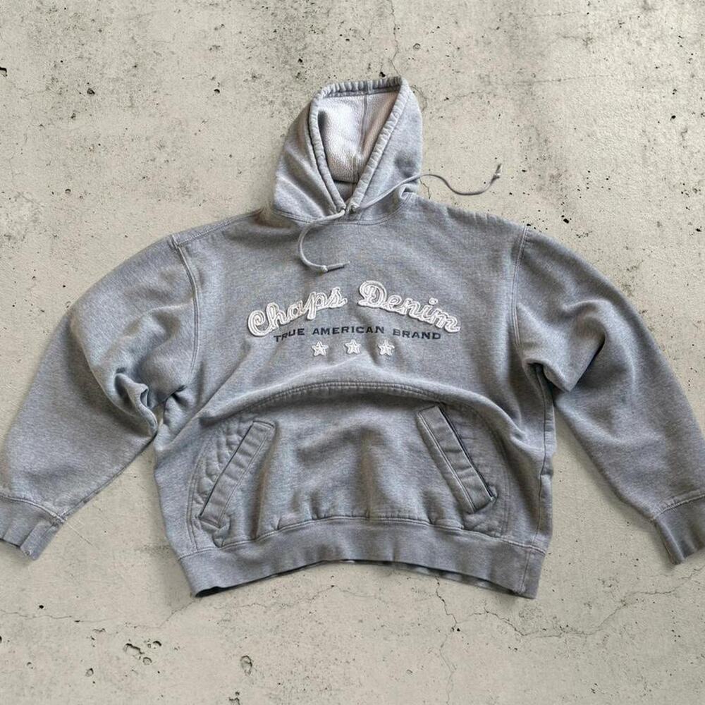 Vintage Chaps Denim Gray Spellout Hoodie Americana Size Large 90s Graphic Logo